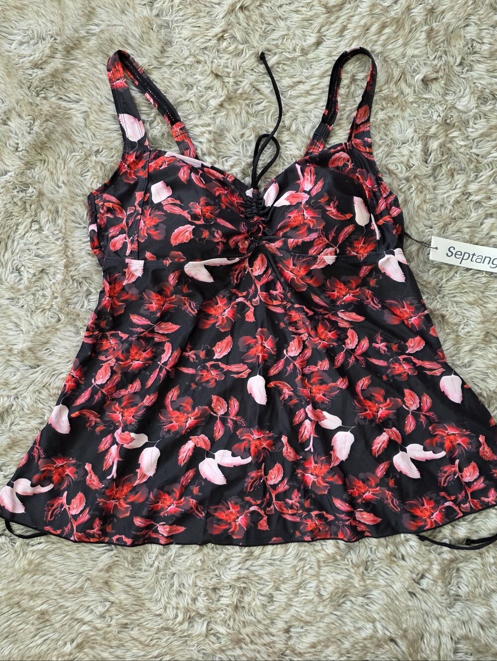 Septangle Tankini Top Only Black Floral with Red & Pink Accents Women's 18W